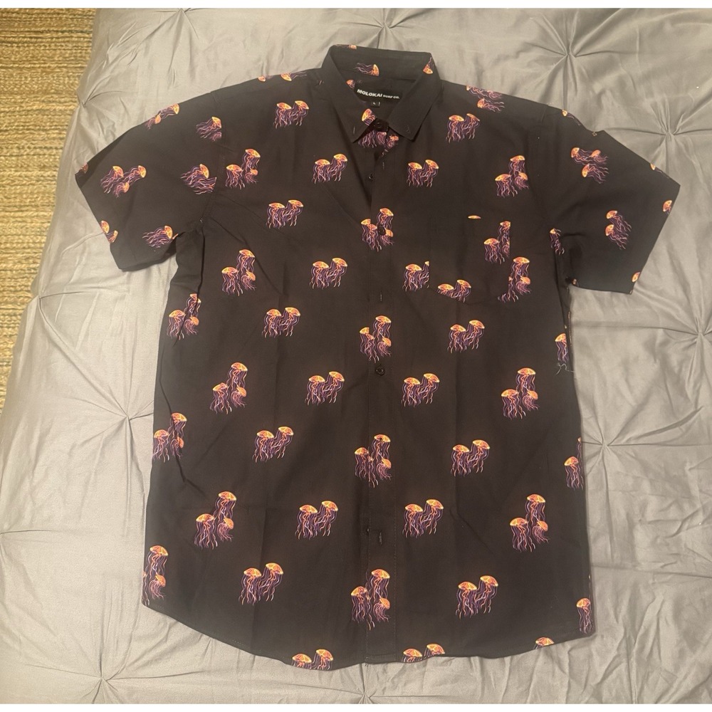 Molokai Surf Co. Men's L Black Jellyfish Short Sleeve Button-Up Fun Wacky